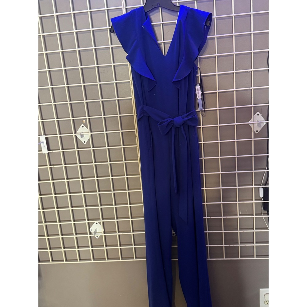 Tahari Arthur S Levine Royal Blue Ruffle V-Neck Wide Leg Jumpsuit Size 10 NEW